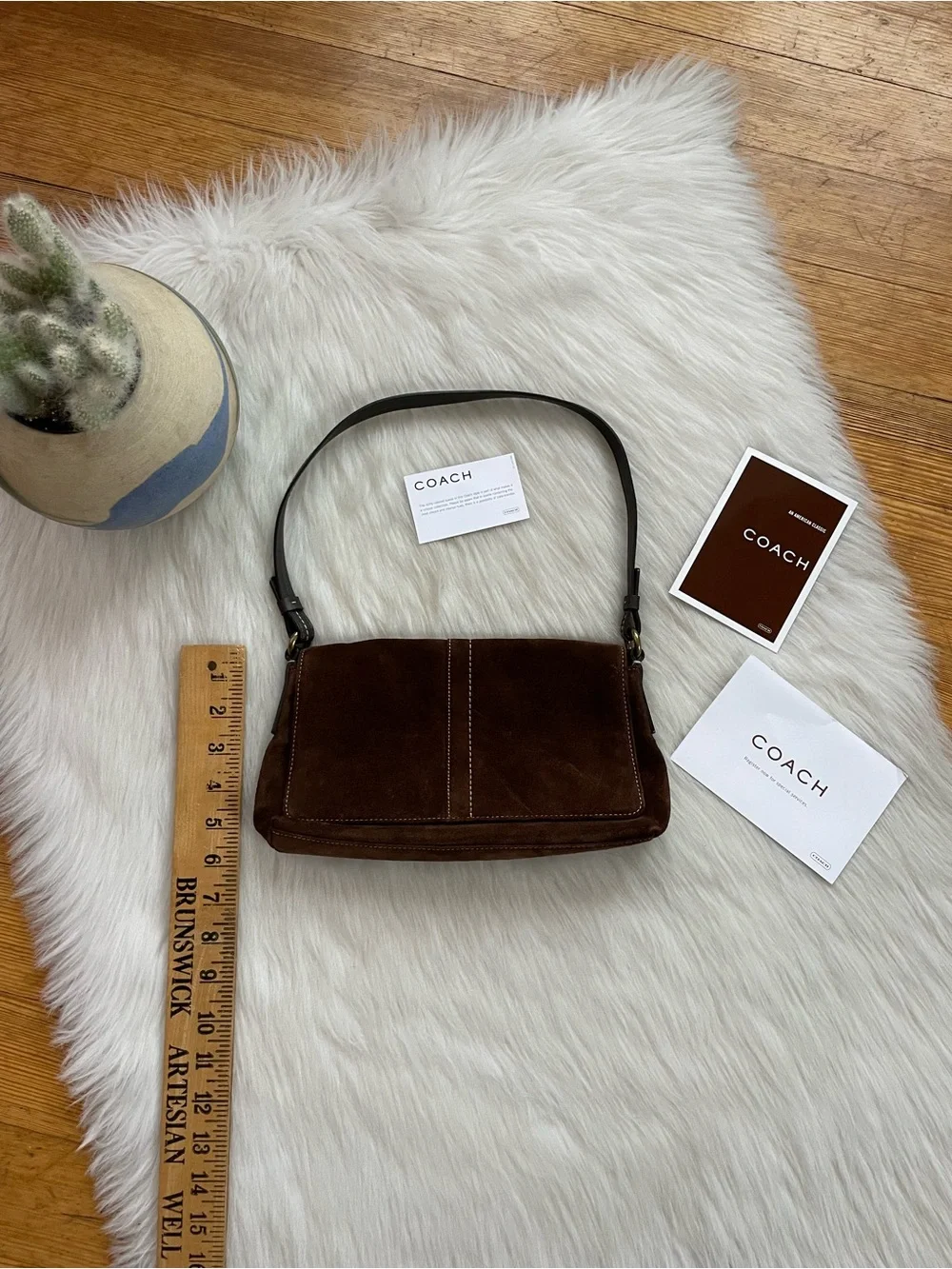 Coach Dark Brown Suede Shoulder Bag with Black Strap